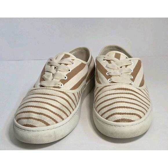 Soludos Classic Lace Up Sneaker Women's Sz 10 - Preowned - Brown & White Stripes - Picture 1 of 7